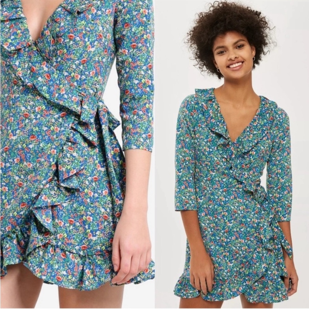 Topshop Blue Floral Ruffle Wrap Dress